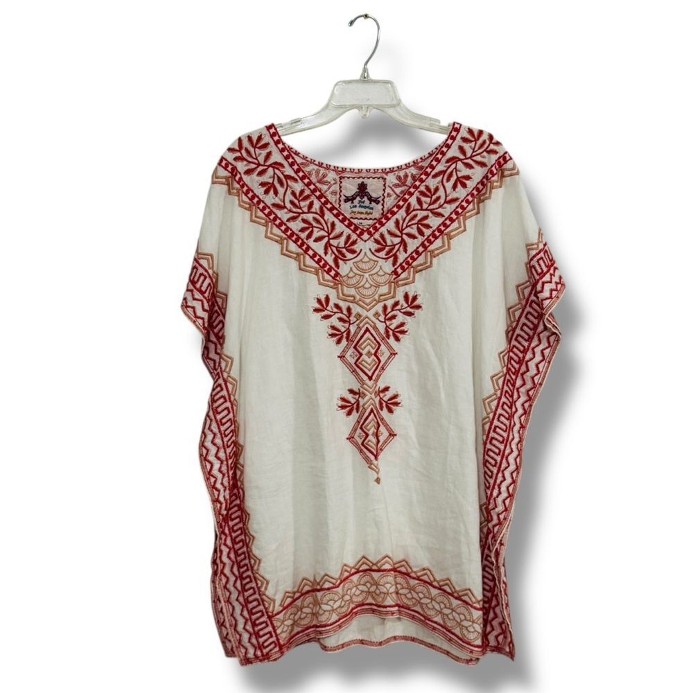 Johnny Was Embroidered Kimono Top M White Pink Red Boho Resort Statement
